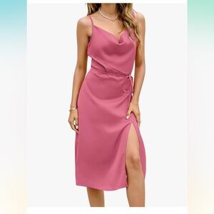 Romantic Pink Satin Midi Dress with Cowl Neckline